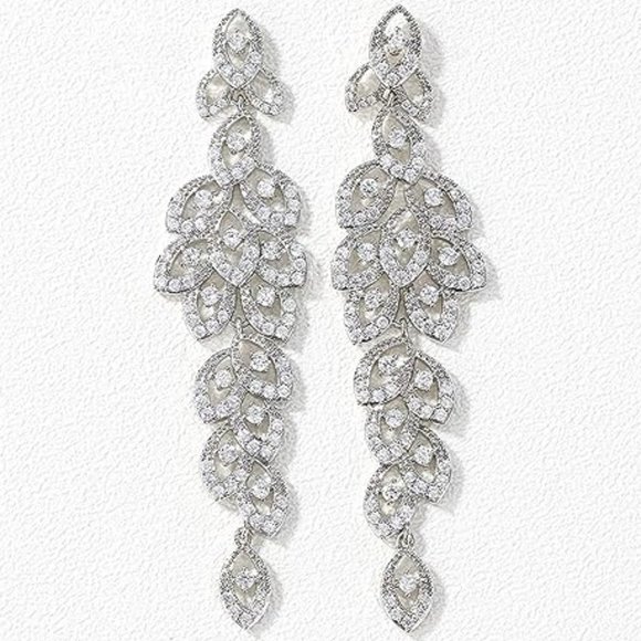 Chandelier Pave Leaves Rhinestone CZ Crystal Silver Earrings Bridal Formal New - Picture 1 of 7